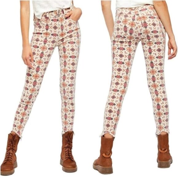 We the Free People Jeans Womens 25 Wild Child Aztec Print Skinny Boho Raw Hems - Picture 1 of 14